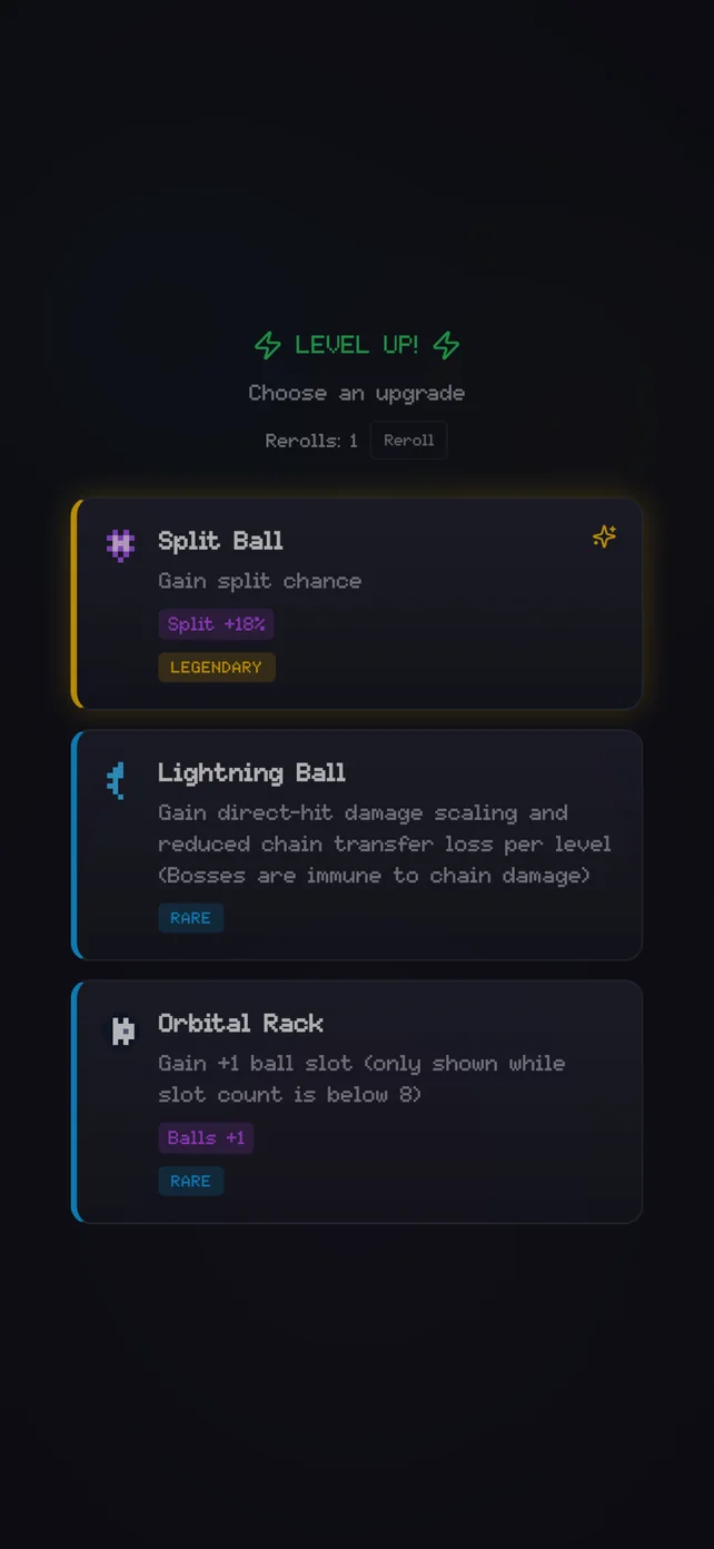 Block Smash level-up screen with three upgrade choices