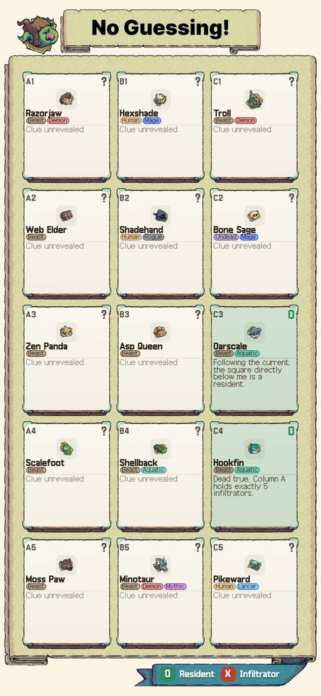 Netherguard logic board with demon suspects, traits, and deduction clues