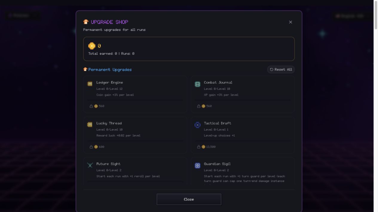 The permanent upgrade shop before the first run, with zero coins and all upgrades at level zero.