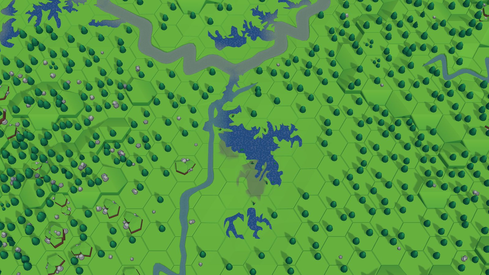 Rill & Reef inland wetland: a river and a branching lake among forested hex tiles