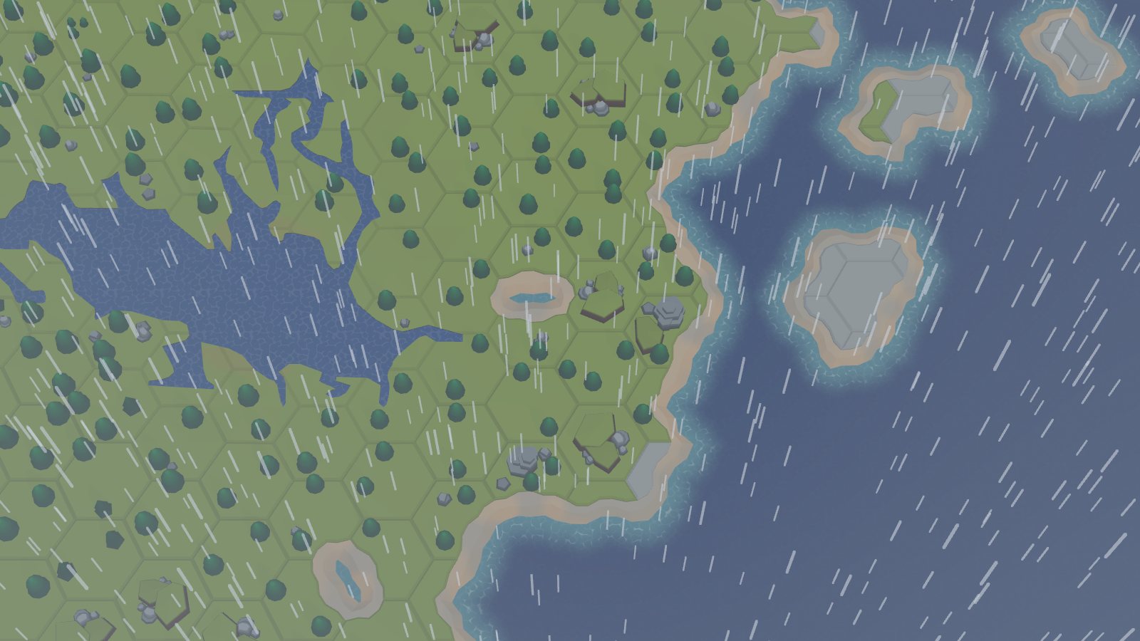 The same Rill & Reef coastline in spring rain, with rain streaks and muted colors