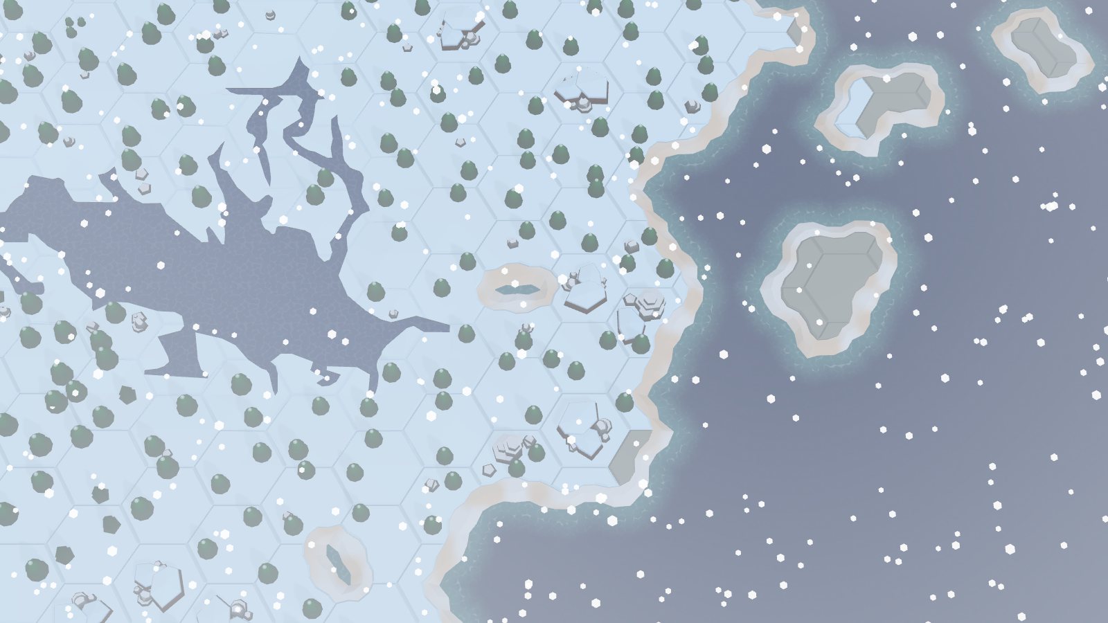 The same Rill & Reef coastline in winter, covered in snow with snowfall over the sea