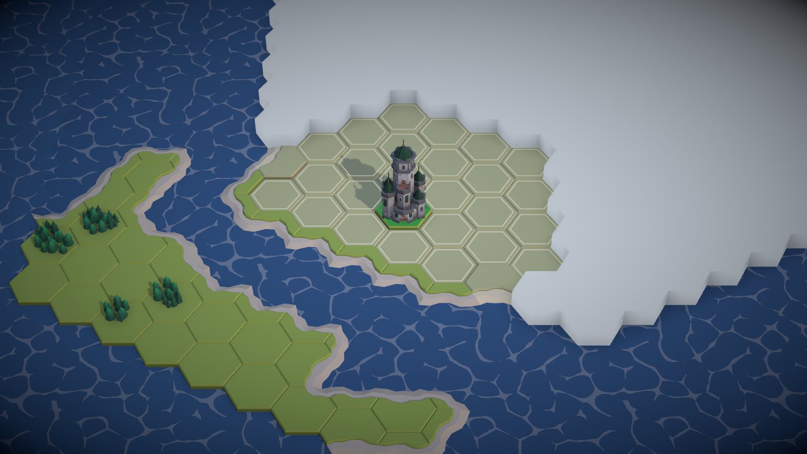 Sestet at the start of a match: a single capital tower on a hex island, with the rest of the map hidden in white fog