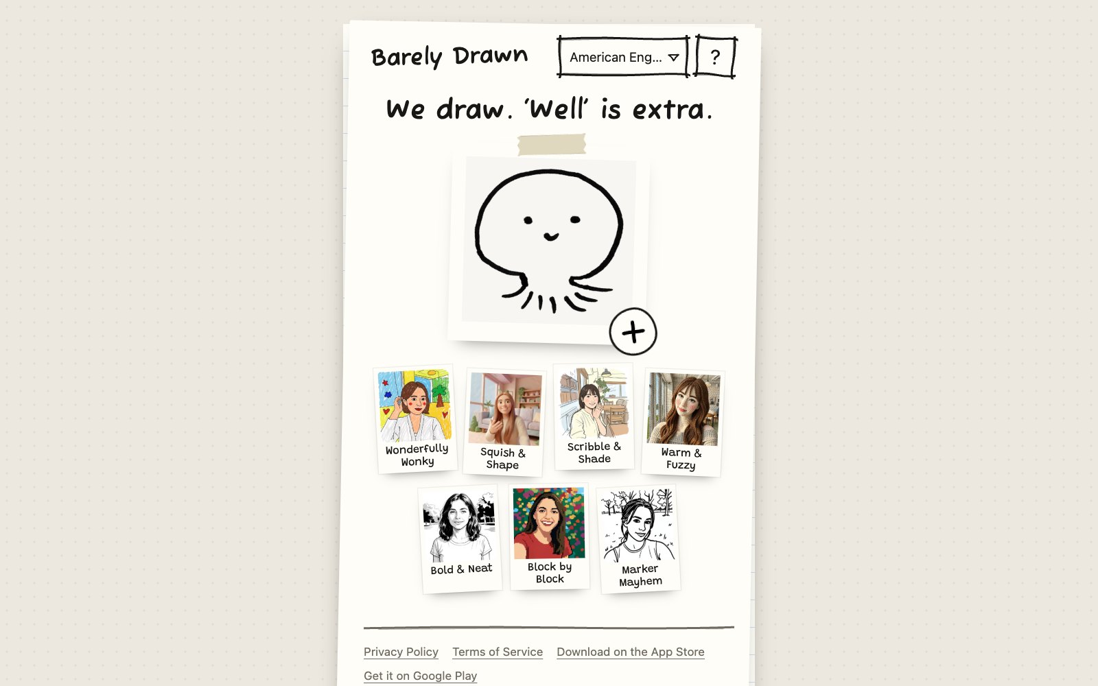 Barely Drawn web version with a large photo frame and seven drawing style cards