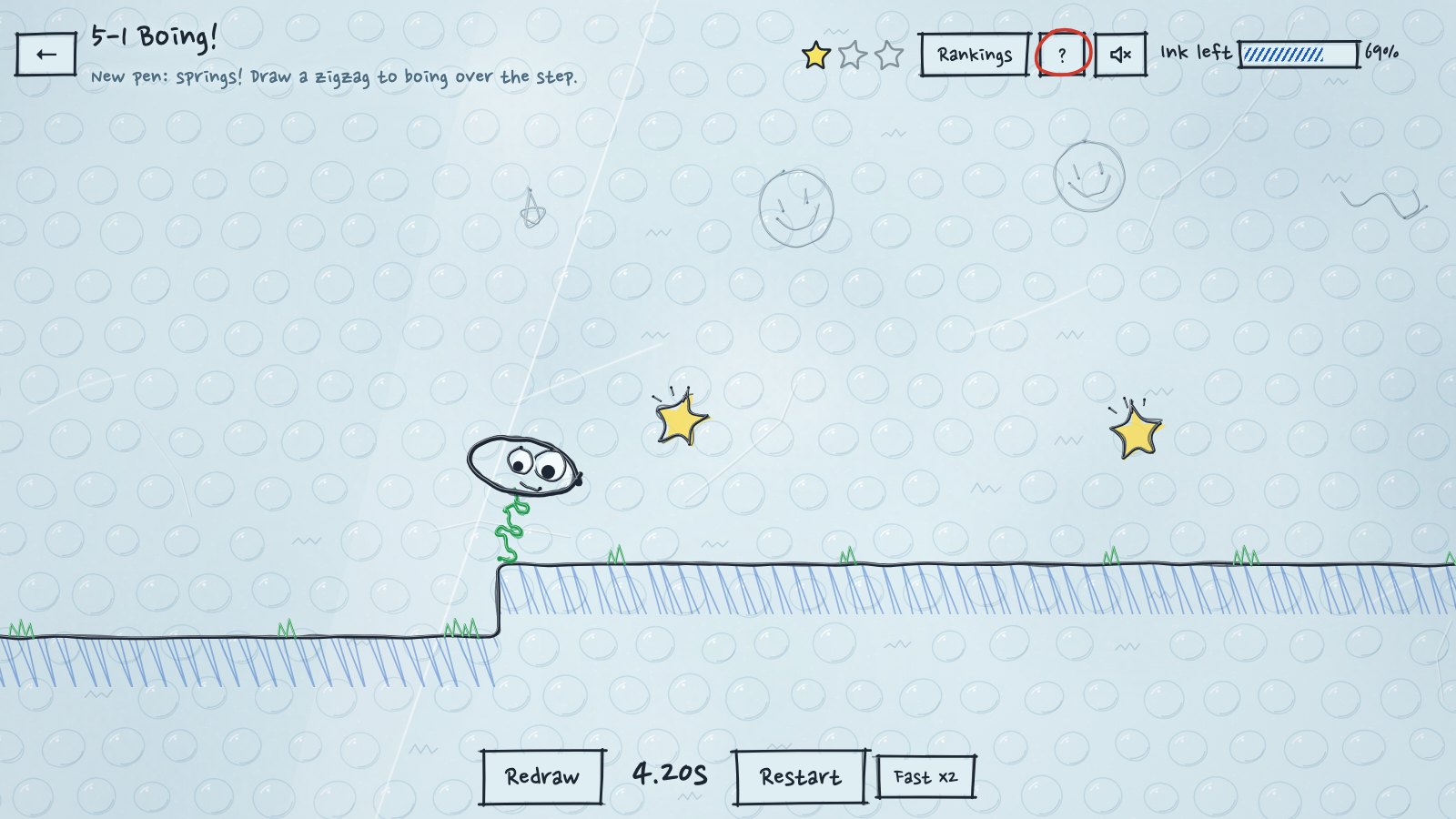 Doodle Go bubble wrap chapter: a round doodle on a green zigzag spring bouncing toward a step