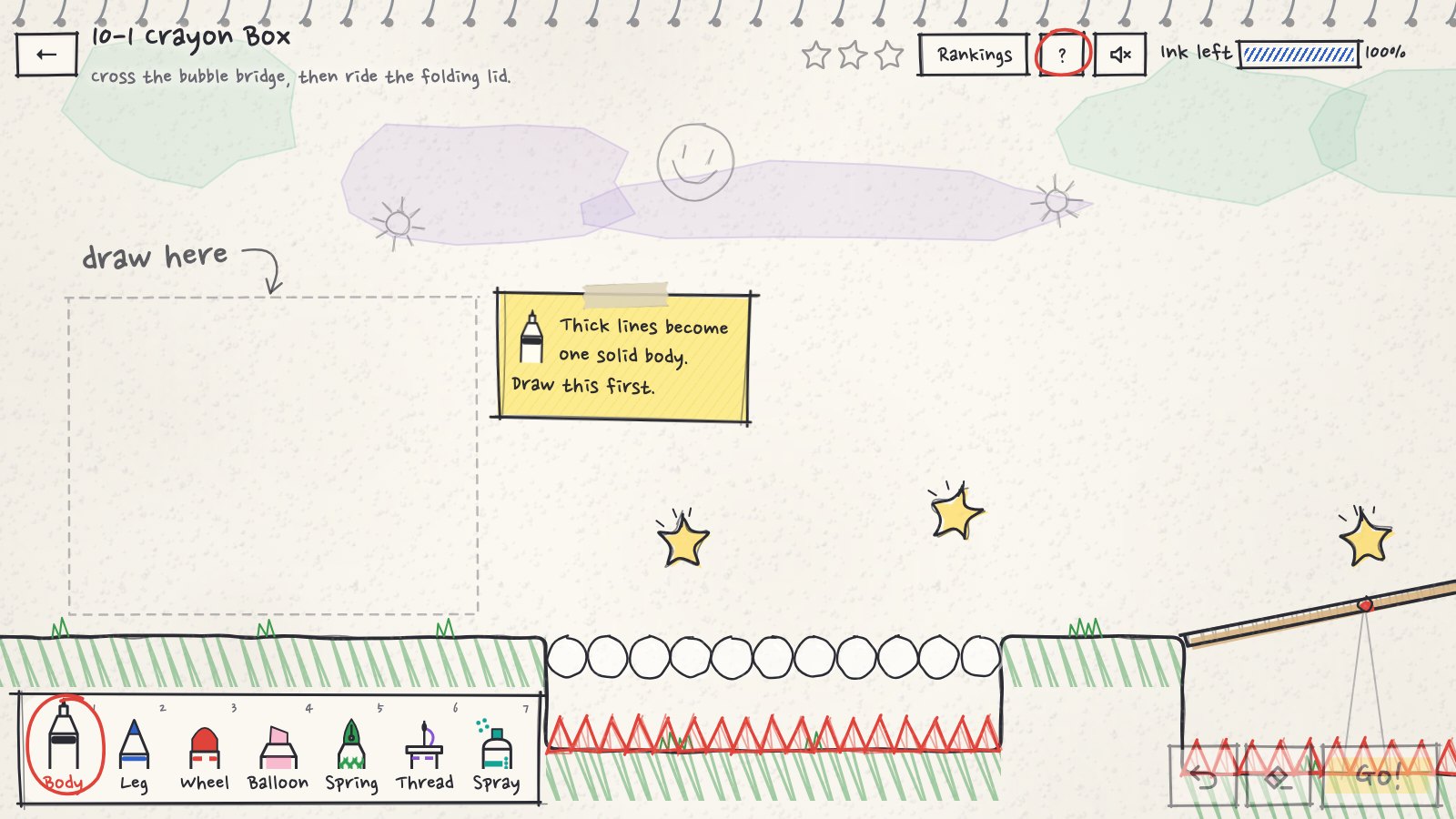 A late Doodle Go page with a bubble bridge, spikes and a lid, and a pen tray full of tools