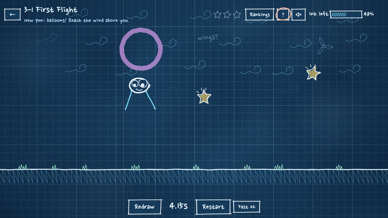 Doodle Go blueprint chapter: a stick doodle lifted by a pink balloon over grid paper
