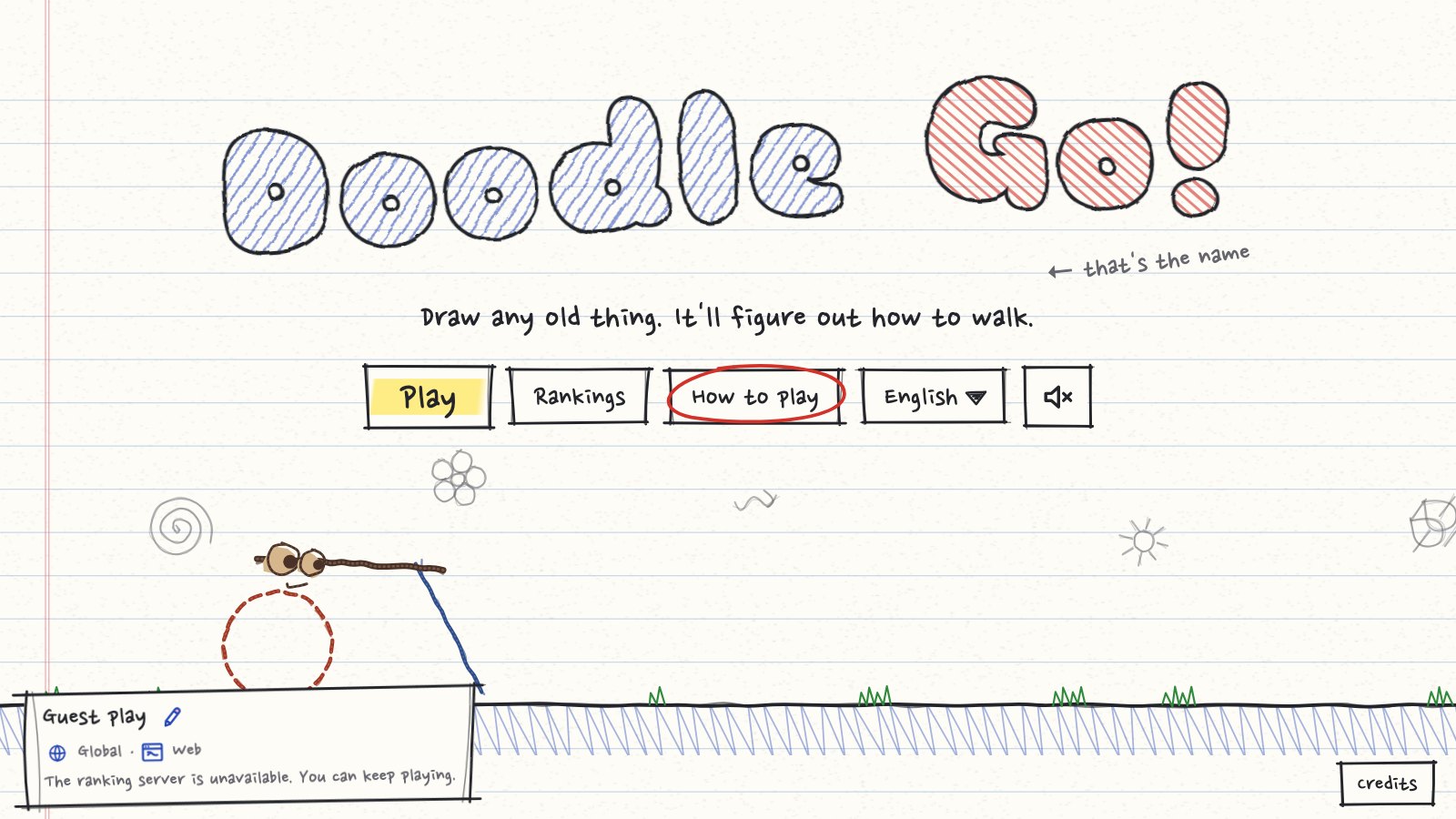 Doodle Go title screen with hand-drawn lettering on lined notebook paper and a doodle creature