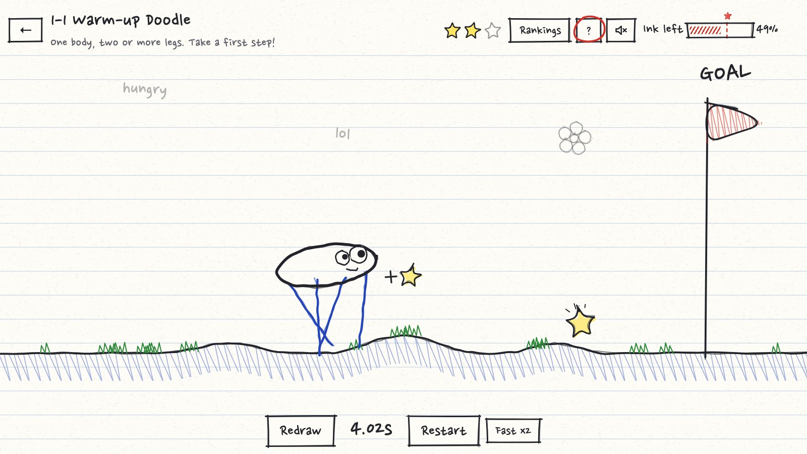 A doodle creature walking over hand-drawn hills toward a goal flag, collecting stars
