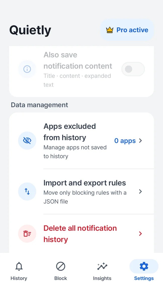 Quietly data management settings: excluded apps, import and export rules, delete all history