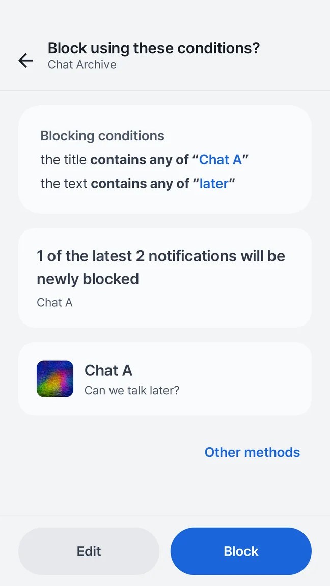 Quietly rule composer showing that one of the latest two notifications would be blocked